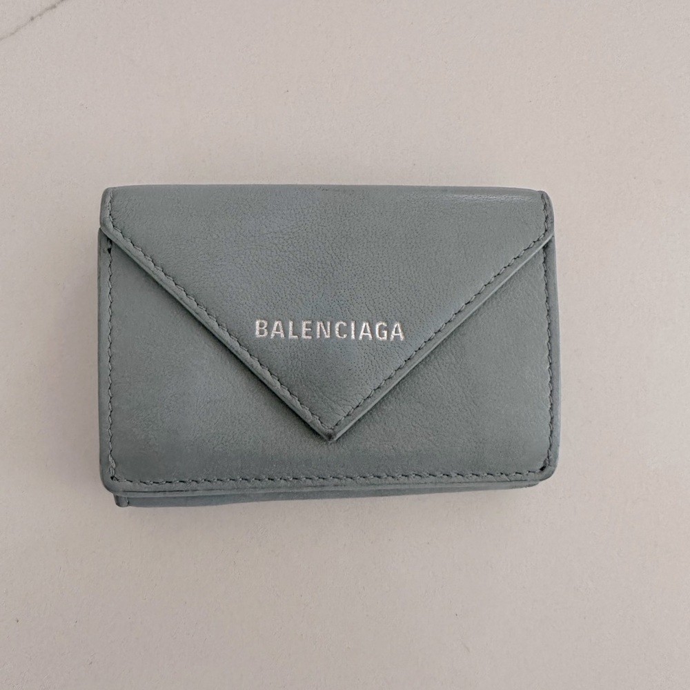 AUTH BALENCIAGA Everyday Mini Papier Leather Trifold Wallet Blue Teal - Picture 1 of 6